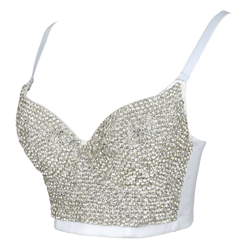 ELLACCI Women's Rhinestone Diamond Push up Bustier Crop Top Sexy Punk Corset Bra White Small - Image 3